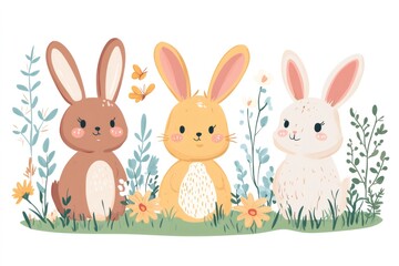 Three cute cartoon rabbits sitting in grass with flowers and butterflies