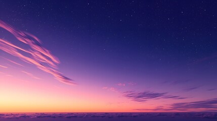 Vibrant twilight sky with colorful clouds and twinkling stars above the horizon