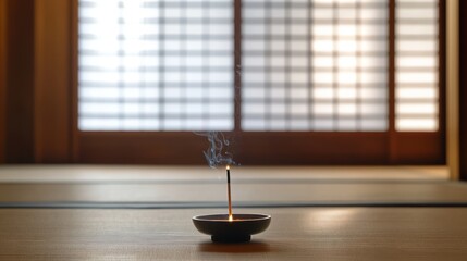 Tranquil Japanese Interior with Incense Stick Burning, Traditional Design, Minimalist Room Aesthetic, Soft Light, Serenity and Calm Atmosphere