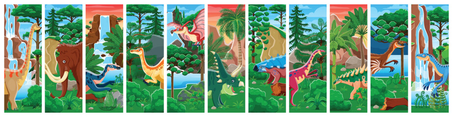 Prehistoric dinosaurs, lizards and reptiles collage of Jurassic era animals in jungle forest, vector background. Funny cartoon ice age mammoth, giant lizards and dinosaurs collage for kids dino park © Vector Tradition