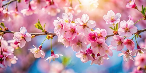 Fototapeta premium Spring's gentle breeze dances with delicate oriental cherry blossoms, a breathtaking photographic moment.
