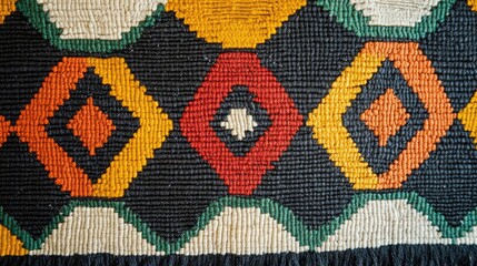 Obraz premium Close-up of a vibrant South African textile featuring intricate Zulu-inspired geometric patterns with bold zigzags and colorful diamonds, perfect for cultural design