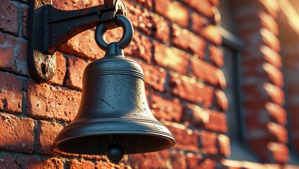 Obraz premium Vintage school bell mounted on rustic brick wall