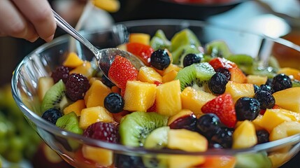 Close-up of a colorful fruit salad with fresh kiwi, berries, and diced mango. Hands slicing fruit in the background highlight freshness and preparation. Generative AI