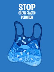 Paper cut plastic bag and waste at the sea, polluted water. Stop ocean plastic pollution ecological awareness poster. 3d vector frame in shape of used bag with marine life and trash floating within