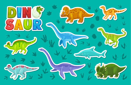 Prehistoric dinosaur, water dino animal and reptile characters stickers pack on vector background of dinosaur footprints. Cartoon cute velociraptor, plesiosaurs, elasmosaurus and dryosaurus stickers