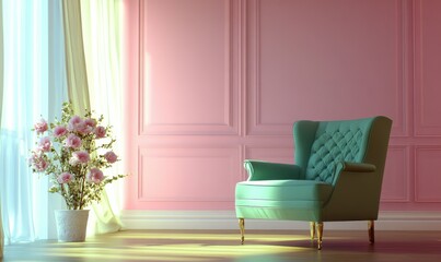 Elegant pastel pink wall with a modern green armchair and minimalist decor, illuminated by soft natural light for a chic interior vibe