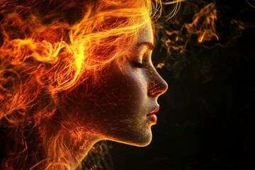 Woman embracing fiery energy, profile of a person with burning hair