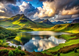 Obraz premium Stunning panoramic view of Loch Sheanta, Skye's breathtaking Highland lake.