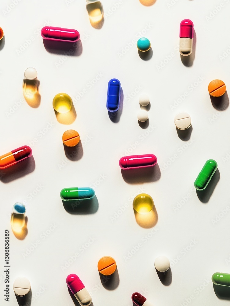 Aufkleber colorful capsules scattered on a minimalist white background showcasing a vibrant medical theme with