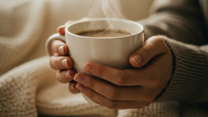 Warm cup of coffee held in hands, steam rising, evoking comfort and relaxation in a cozy indoor setting