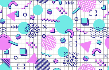 Abstract geometric color Memphis seamless pattern. 80s 90s hipster backdrop with colorful shapes and elements on checkered page. Vector background with surreal figures, lines, dots, triangles or waves