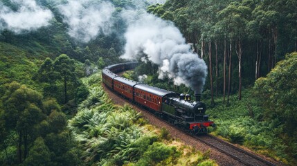 Obraz premium Vintage steam locomotive traveling through a lush tropical jungle. Greenery surrounds the tracks with sunlight filtering through the trees. Adventure and travel concept. Generative AI