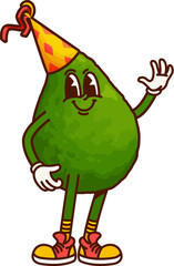 Cartoon groovy Mexican avocado character in party hat. Isolated vector cute and cheerful tropical fruit personage sporting a big smile exudes festive mood with retro y2k vibe during joyful celebration