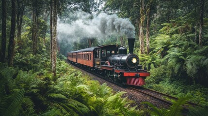 Obraz premium Vintage steam locomotive traveling through a lush tropical jungle. Greenery surrounds the tracks with sunlight filtering through the trees. Adventure and travel concept. Generative AI