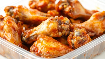 Crispy chicken wings in plastic container