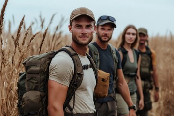 Fototapeta premium Group of hikers walking through tall grass field