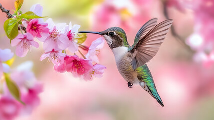 Naklejka premium Hummingbird Feeding: A vibrant hummingbird sips nectar from pink blossoms in a moment of natural beauty.