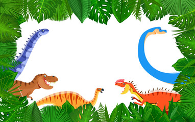 Cartoon dinosaur characters at tropical jungle forest leaves frame. Vector border or background featuring playful dino animal species amidst rainforest foliage evoking a sense of prehistoric adventure © Vector Tradition