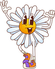Groovy daisy chamomile flower happy character. Summer daisy cartoon isolated vector character, funky blooming plant funny personage or hippie chamomile flower cheerful happy smiling mascot waving hand