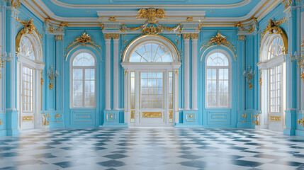 Fototapeta premium Luxurious interior of grand palace featuring blue walls, gilded accents, and large windows. ornate design creates elegant and opulent atmosphere