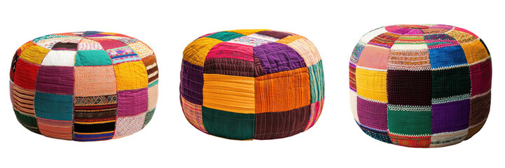 Assortment of handmade colorful patchwork poufs and ottomans in vibrant ethnic and bohemian style  These plush tufted floor cushions add a comfortable