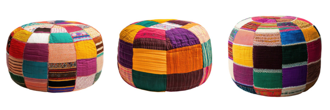 Assortment of handmade colorful patchwork poufs and ottomans in vibrant ethnic and bohemian style  These plush tufted floor cushions add a comfortable