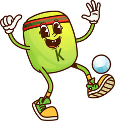 Cartoon groovy Phylloquinone vitamin and micronutrient character kicking the ball. Isolated vector K capsule sportsman retro personage playing soccer of football game in trendy sneakers and headband