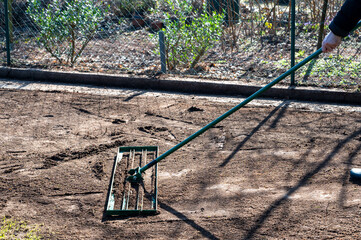 Man uses a lawn rake to level the ground in the garden to even out any unevenness and prepare the...