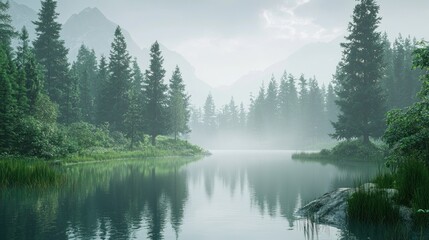 Misty morning mountain lake with evergreen trees reflecting in calm water.