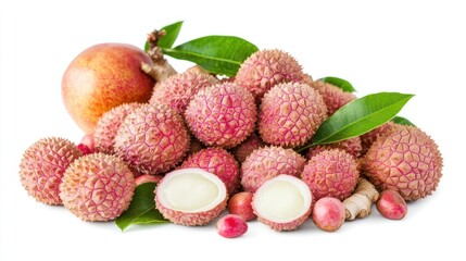 Lychees and peach with leaves, healthy food