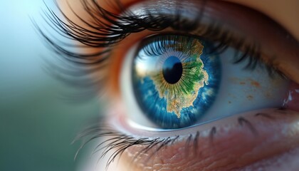 Close-up of eye with map of Earth inside. The image symbolizes global connection and environmental awareness. Blue iris reflects planet, nature, future vision of ecology, hope and sustainability.