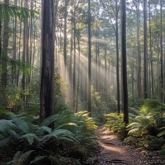 Fototapeta premium Scenic Pine Forest Path with Green Trees and Lush Vegetation