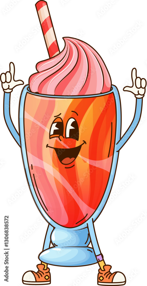 Poster cartoon groovy milkshake cup funny dessert character with smiling playful expression. isolated vecto