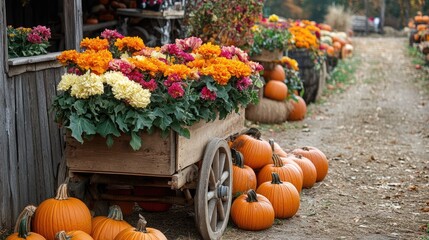 Rustic wooden wagon decorated with pumpkins and colorful autumn flowers. Set in a countryside yard with a wooden shed in the background. Seasonal fall decoration. Generative AI