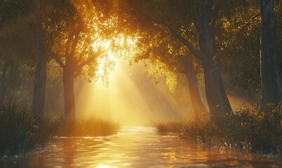 Obraz premium Serene natural view of golden sunlight filtering through tall trees creating a peaceful forest trail atmosphere