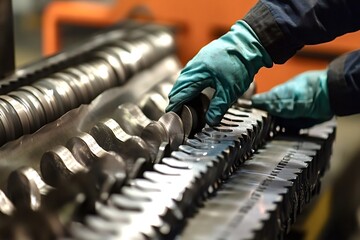 Factory worker wearing protective gloves is assembling a metal part using a rotary screw air compressor rotor, ensuring precise alignment and secure placement for optimal machine performance