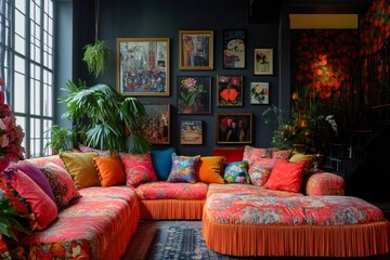 Modern maximalist interior design living room with floral sofa and gallery wall