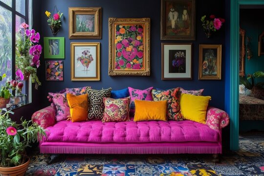 Pink sofa dominating a maximalist living room decorated with art and plants
