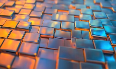 Obraz premium Shiny metal cubes arranged in a perfect grid, reflecting a gradient of warm orange and cool blue light, creating a modern futuristic aesthetic