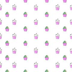 Seamless pattern of hand drawn cacti illustration made with colored pencils. Blooming Cactus in flower pots on white background