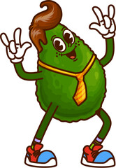 Groovy avocado character with funny face and funky fingers gesture, vector retro cartoon. Groovy avocado character with gentleman haircut and tie happy smiling with cool gesture in hipster shoes
