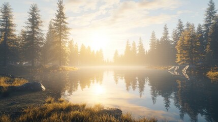 Fototapeta premium Misty sunrise over tranquil lake in pine forest.