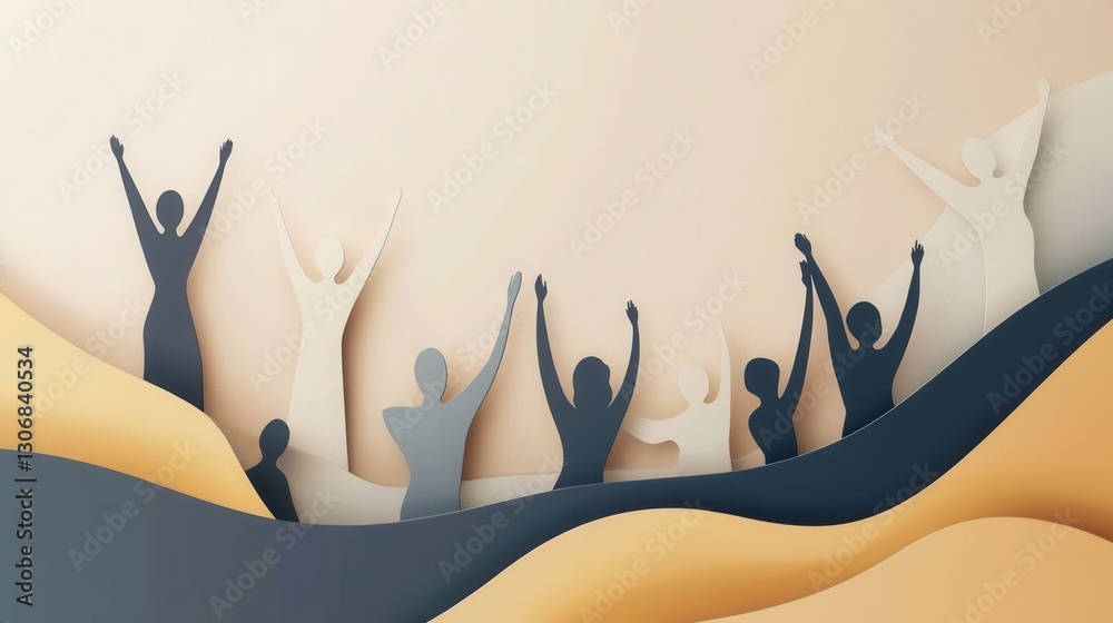 Poster minimalistic paper art featuring silhouettes of people celebrating unity in modern design generative