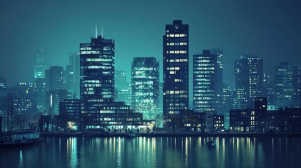 Fototapeta premium Night cityscape, illuminated skyscrapers reflected in calm water.