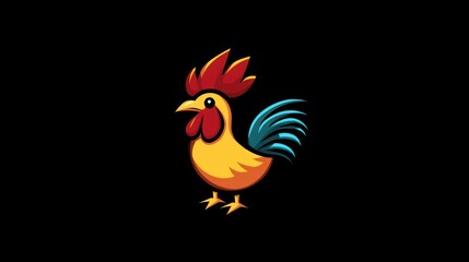 Cartoon Rooster, Farm Animal, Black Background, Illustration, Website Icon