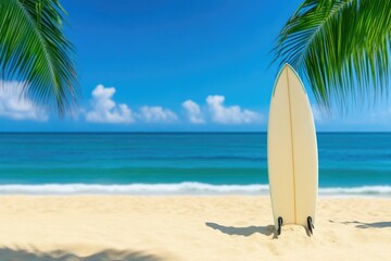 Surfer’s surfboard stuck in sand by shore