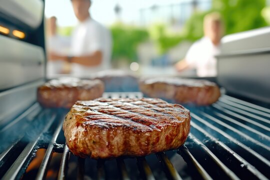 Close-up of steak grilling on barbecue with people chatting