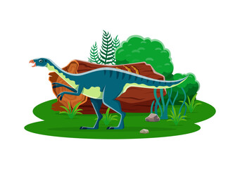 Cartoon dryosaurus dinosaur character. Prehistoric reptile funny personage, paleontology herbivorous dinosaur or lizard isolated vector cute character. Extinct animal, Jurassic era nature scene