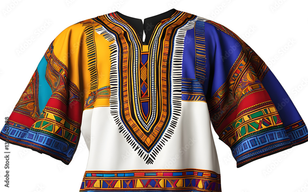 Poster A traditional African dashiki with bright colors and geometric patterns, isolated on a empty plain background